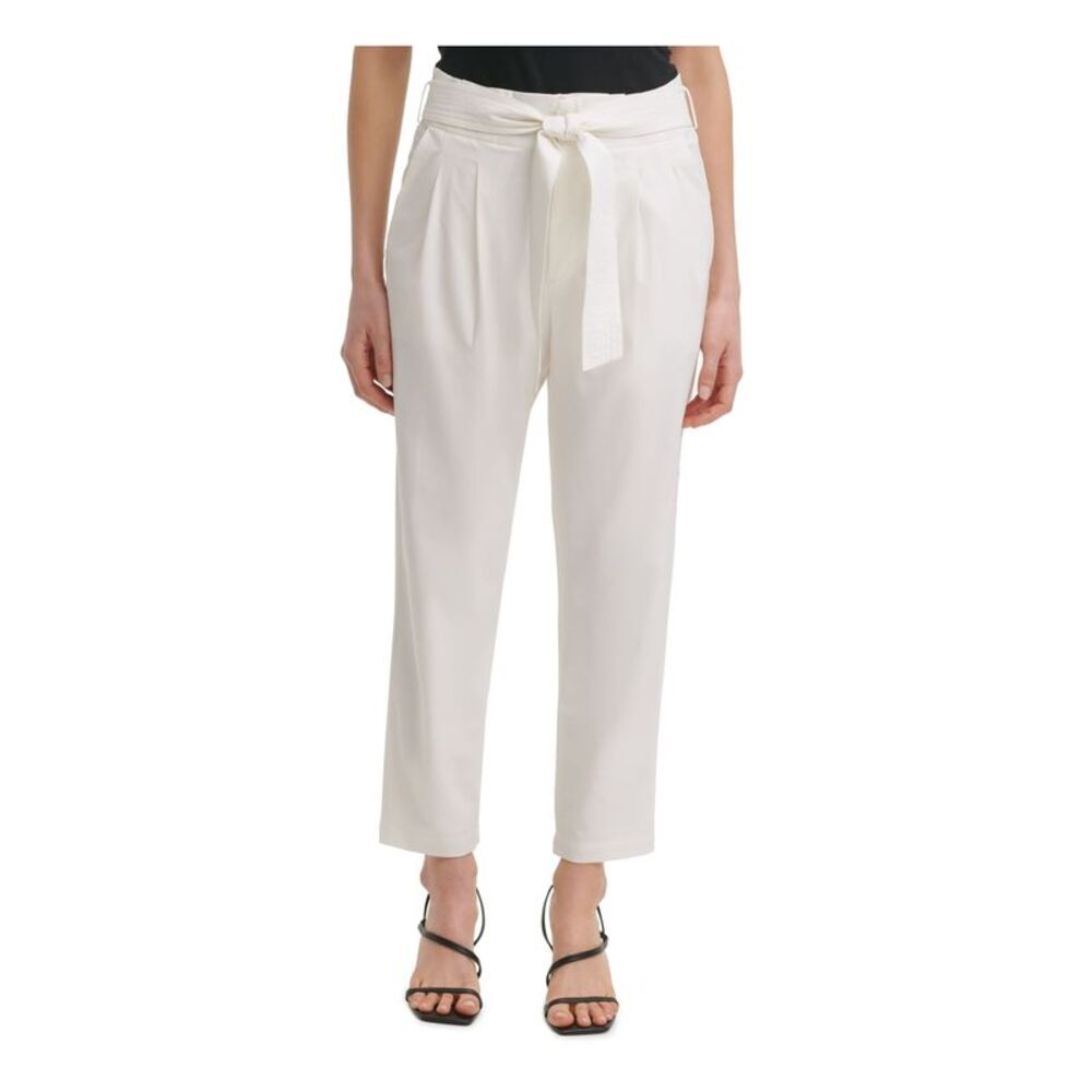 CALVIN KLEIN Womens White Belted Ankle Wear To Work Straight leg Pants XS